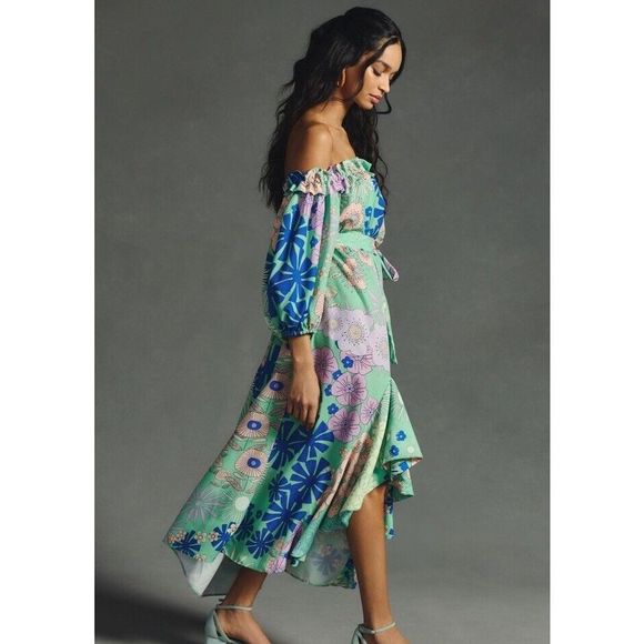 New ANTHROPOLOGIE Oopscool Off-the-Shoulder Printed Dress Sz Small - Picture 5 of 11